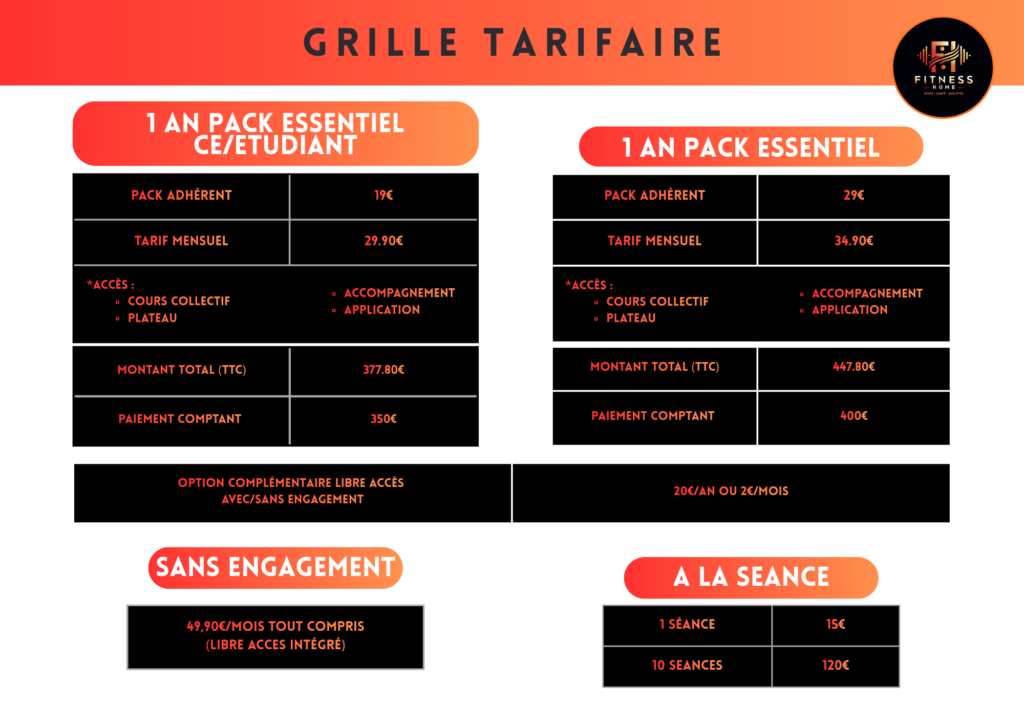 grille tarifaire 2026 FitnessHome